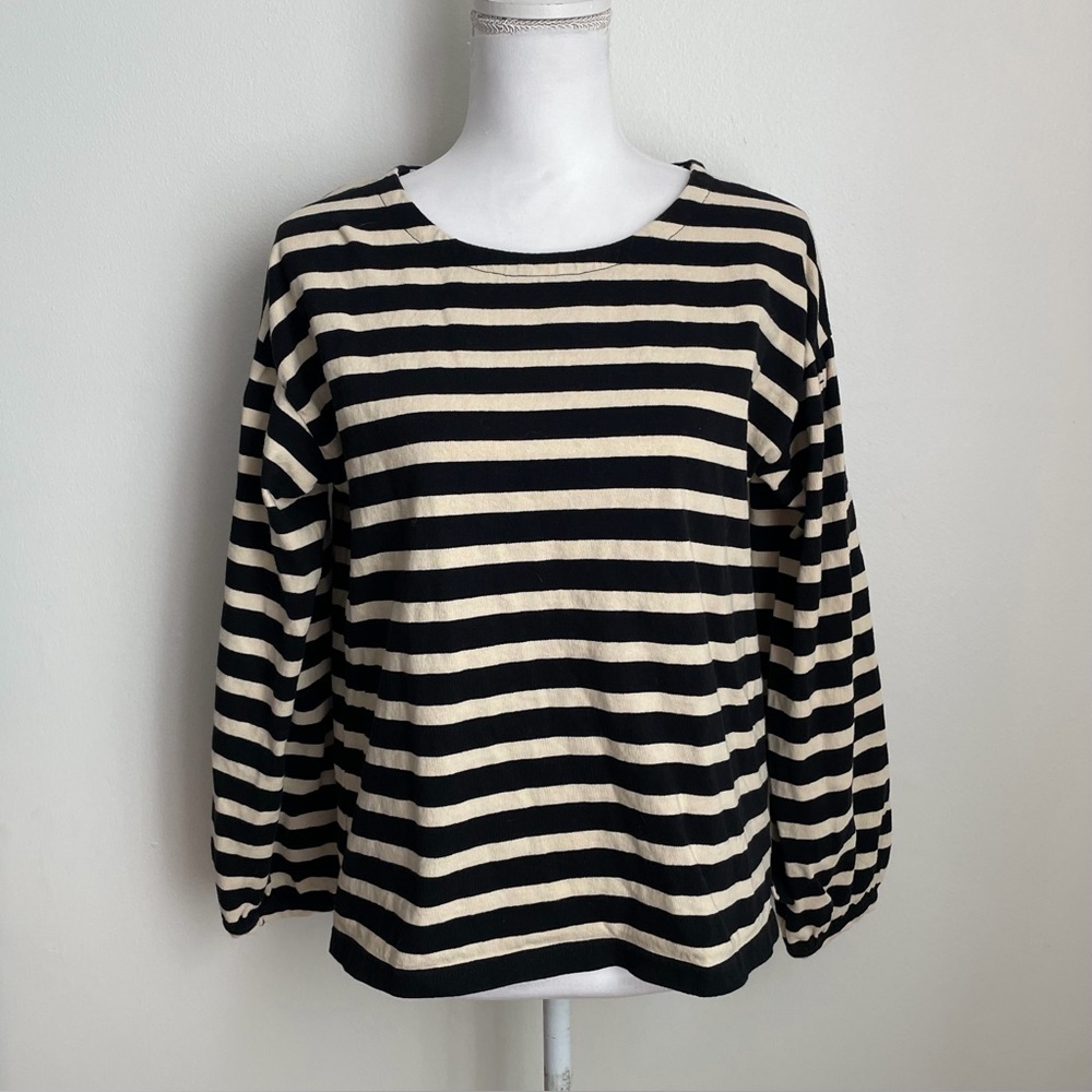 J. Crew Mariner Cloth Puff Sleeve Top Ivory Black Stripe Size Small